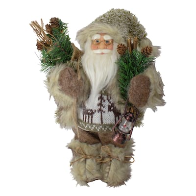 12" Mountain Santa Dressed Plush Brown Coat Fur Boots Christmas Figure