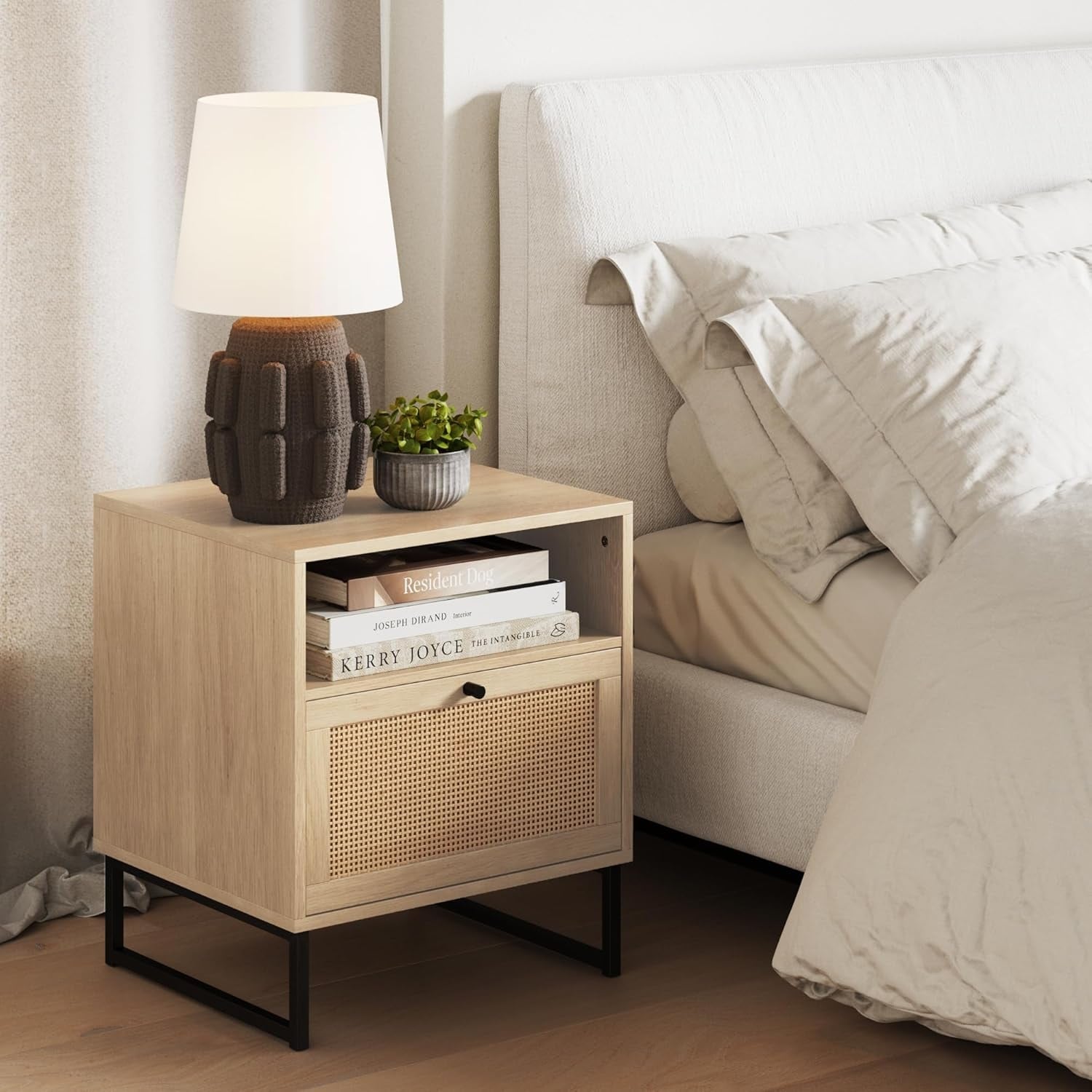 Rattan Wood End Side Accent Table with Storage, Oak/Black, for Living Room or Bedroom