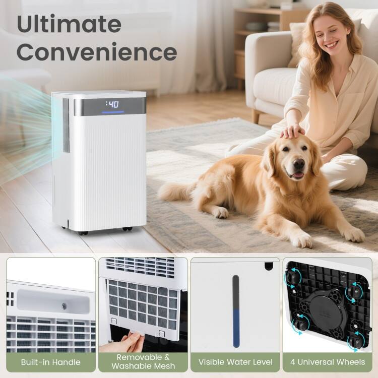 White Copper ABS Dehumidifier 32 Pints with LED Panel and Auto Drain Hose - 10" x 8.5" x 17.5"