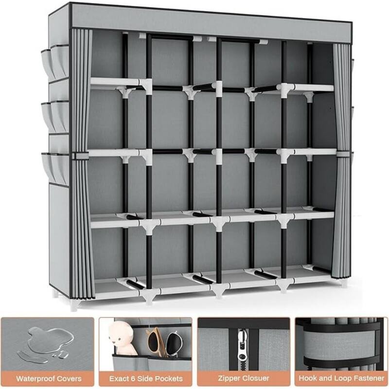 Portable wardrobe for hanging clothes, sturdy hanger with cover, 2 hanging rails, 12 shelves, 6 pockets.