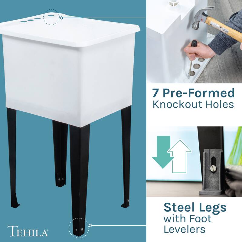 TEHILA White 16-Gallon Space Saver Utility Sink Laundry Tub with Gooseneck Faucet