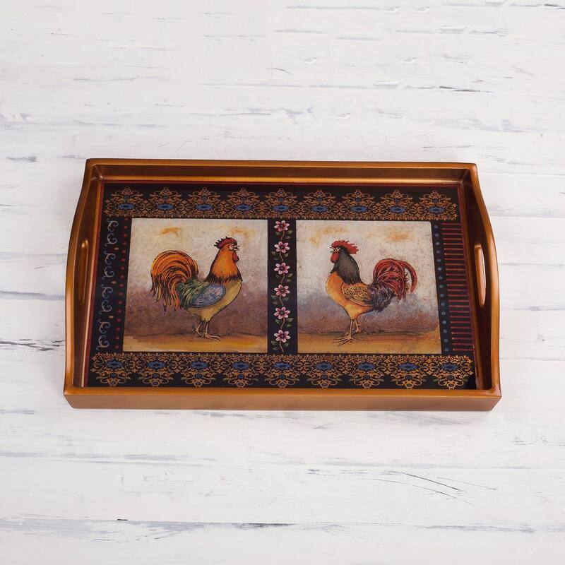 Handmade Crowing Roosters Reverse Painted Glass Tray (Peru) - 2.4" H x 17.75" W x 11.75" D