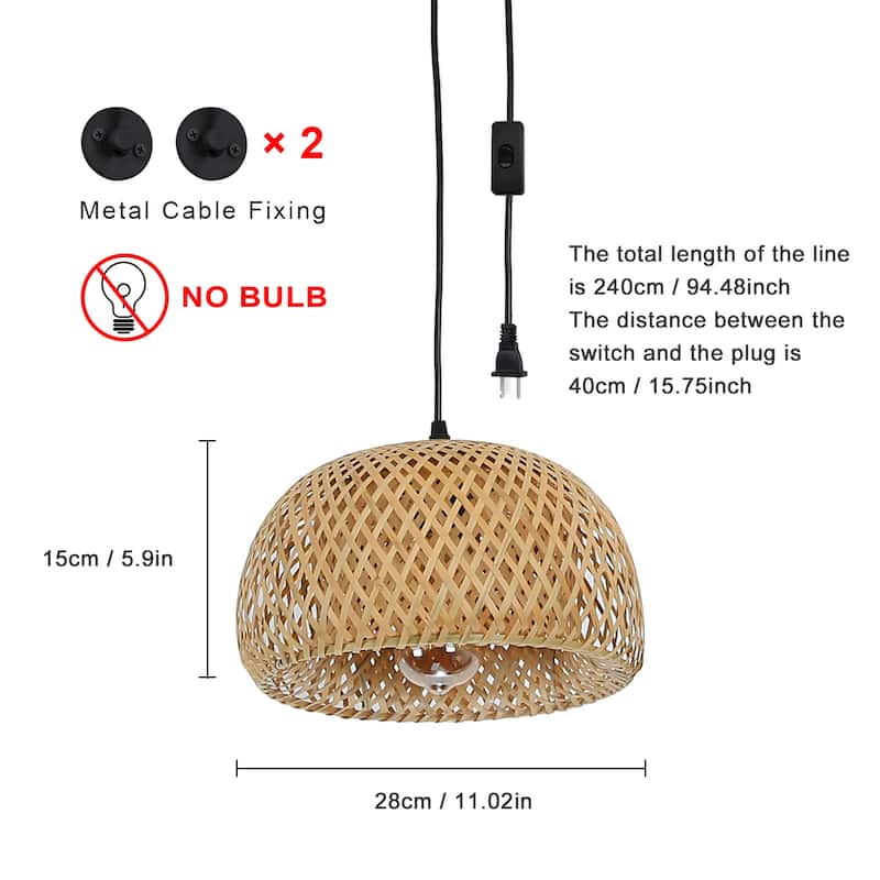 Modern Plug in Cord Bamboo Lantern Pendant Light with Switch -Woven Rattan Shade Chandelier Adjustable Hanging Wall Lamp