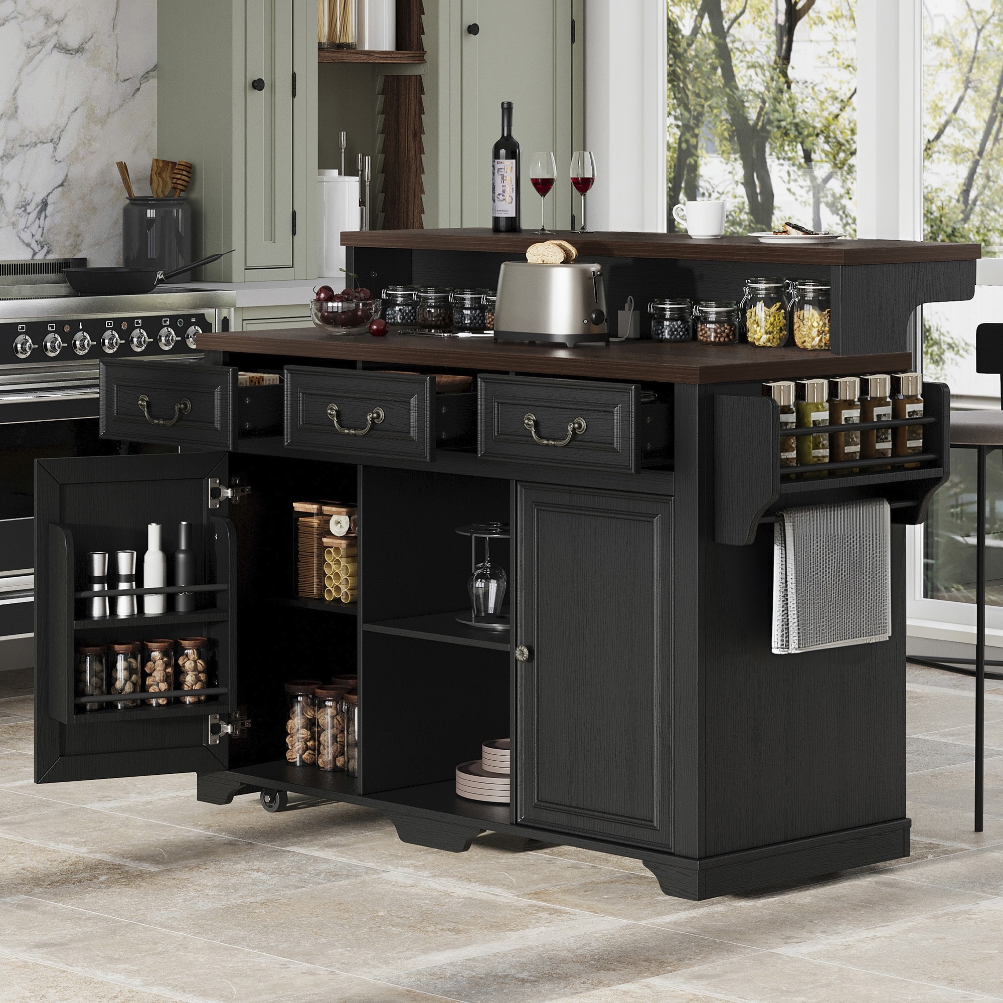 53.2" Farmhouse Storage Kitchen Island with Power Outlet and 3 Drawers