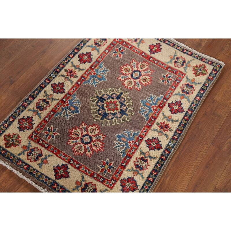 Hand Knotted Oriental 100% Wool Carpet Traditional Geometric Brown Kazak Area Rug - 2' 11'' X 2' 1''