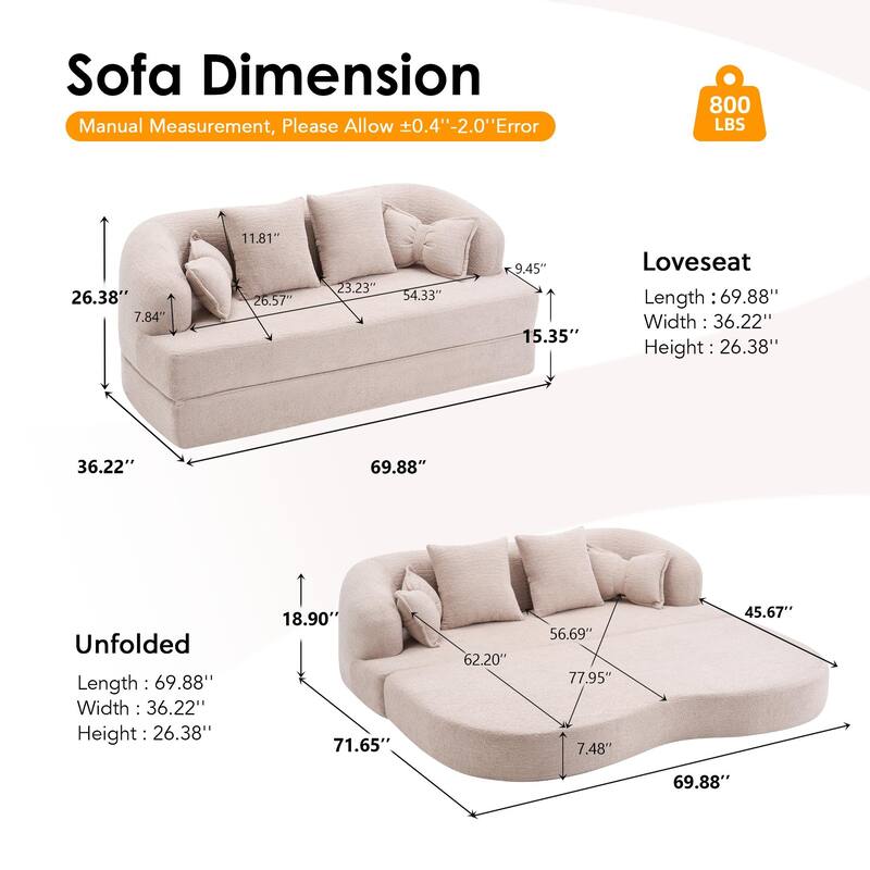 2-in-1 Foldable Sofa Bed, 70" Convertible Boneless Couch Sleeper with 4 Pillows, Chenille Foam Futon for Living Room