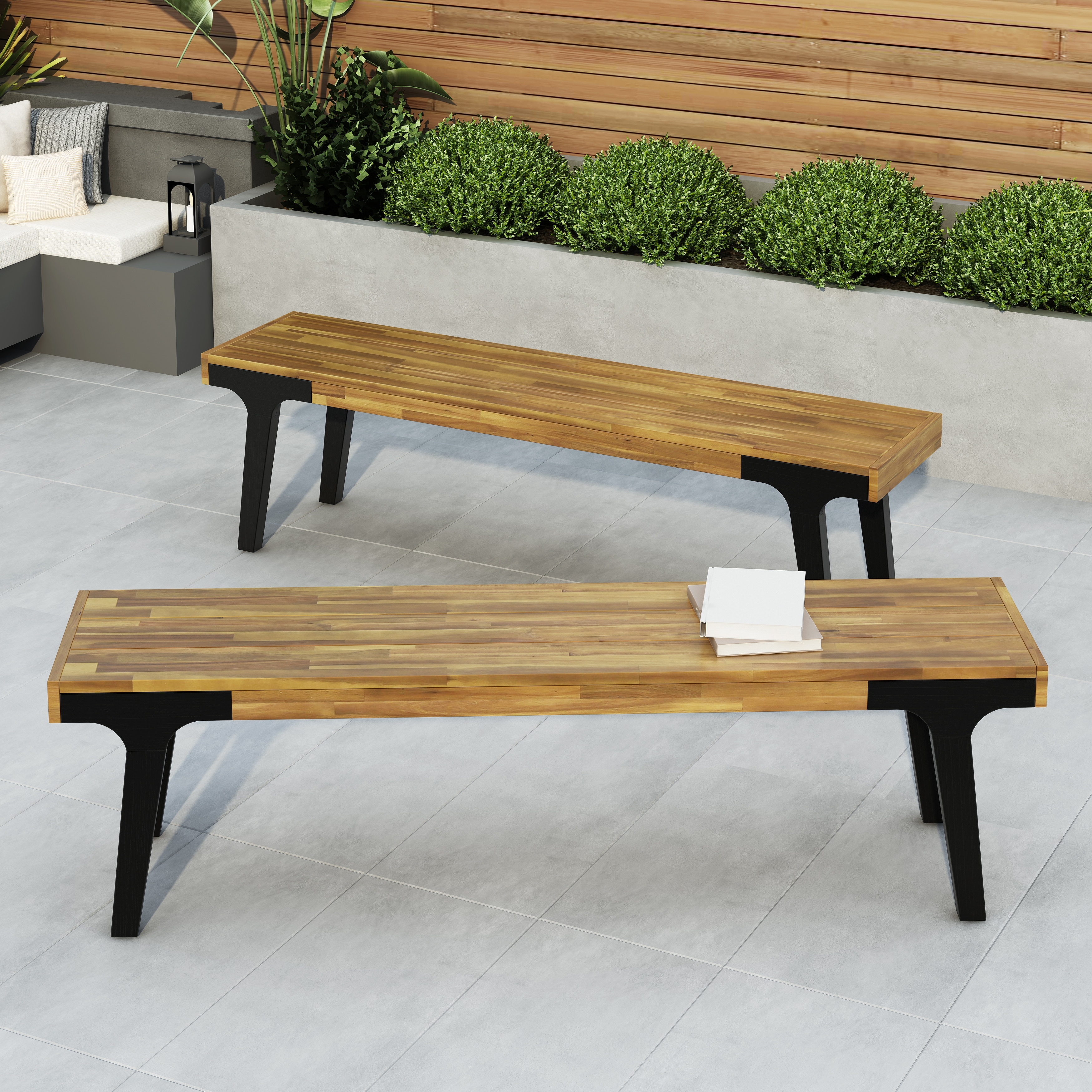 Roomfitters Outdoor Benches Set of 2, Acacia Wood Seats with Black Metal Legs, Patio or Garden Dining Benches