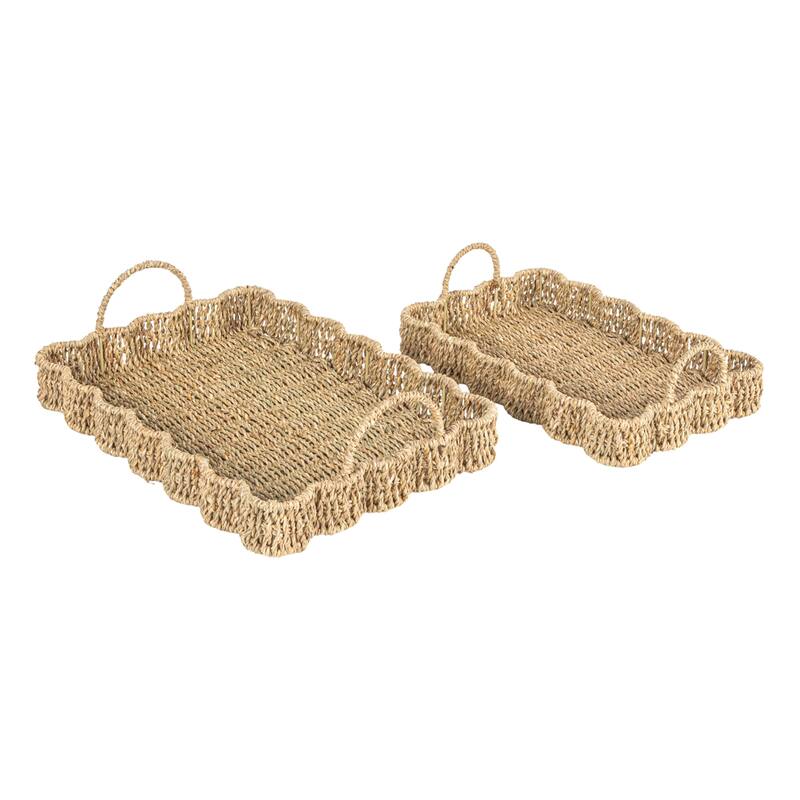 Handwoven Tray with Scalloped Edge and Handles - Rectangle - Set of 2 - Natural