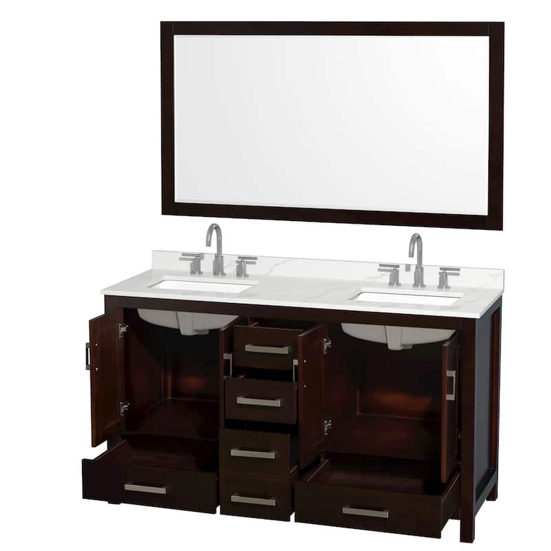 Sheffield 60-inch Double Vanity, 3 Hole Quartz Top, 58-inch Mirror