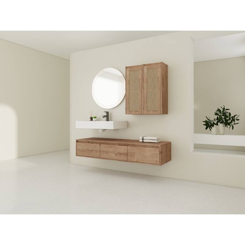 60 inch Wall-Mounted Bathroom Vanity with Resin Sink and 2-Side Cabinet, 3-Soft Close Drawer, Float Mounting Design