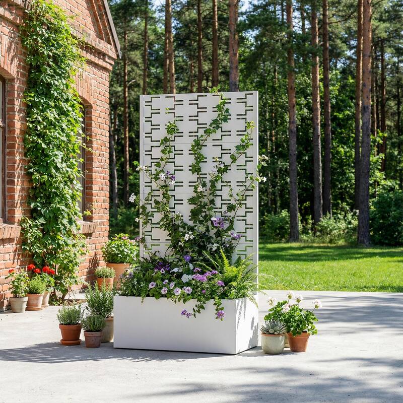 Metal Galvanized Planter Box with Trellis Privacy Screen Lockable Wheels