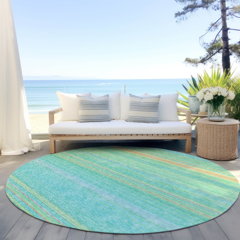 Machine Washable Indoor/ Outdoor Ombre Stripes Chantille Rug - Aqua - 8' x 8'