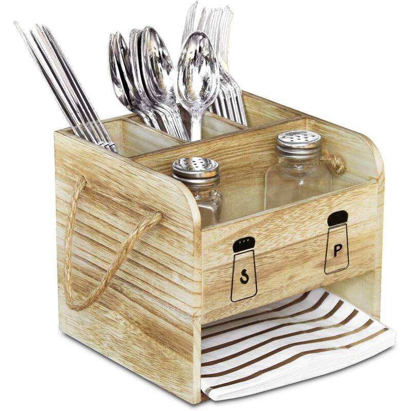 Wooden Utensil Caddy Flatware Holder with Handles - S
