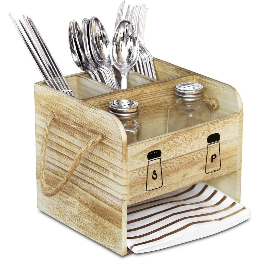 Wooden Utensil Caddy Flatware Holder with Handles - S