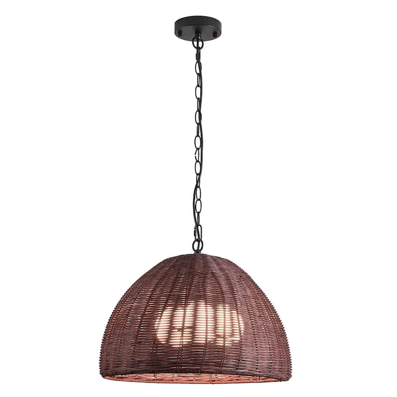1-Light Rattan Dome Pendant light with Bulbs Included - Walnut