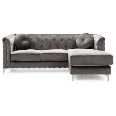 Nailhead Trim Tufted Velvet Sectional Sofa with Throw Pillows - 83" - Dark Gray
