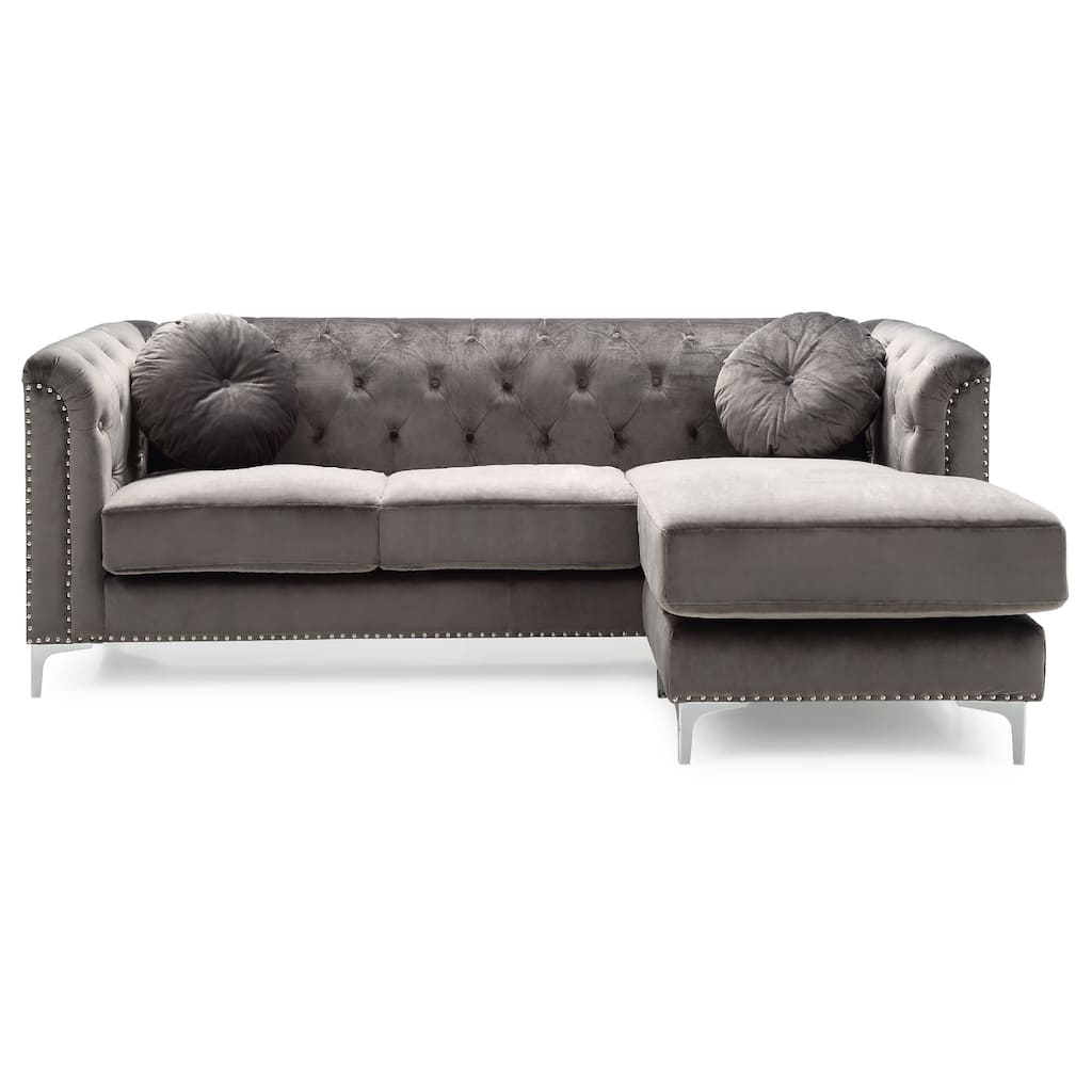 Nailhead Trim Tufted Velvet Sectional Sofa with Throw Pillows - 83" - Dark Gray