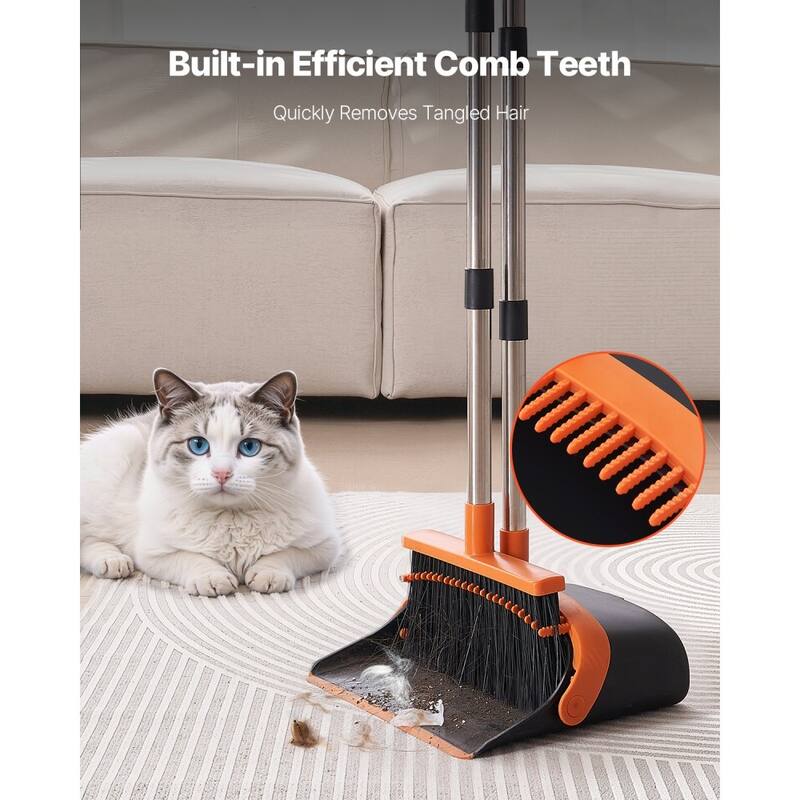 Black and Orange Stainless Steel Broom and Dustpan Set with Self-Cleaning Teeth and Adjustable Handles