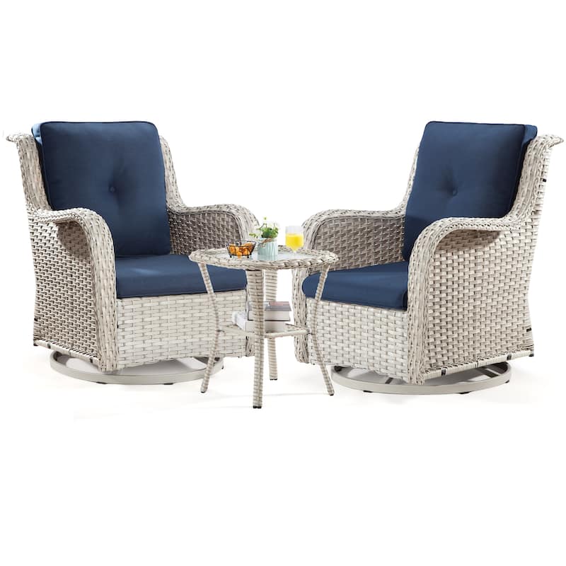 Cozywor 3-Piece Grey Wicker Patio Swivel Outdoor Rocking Chair Set