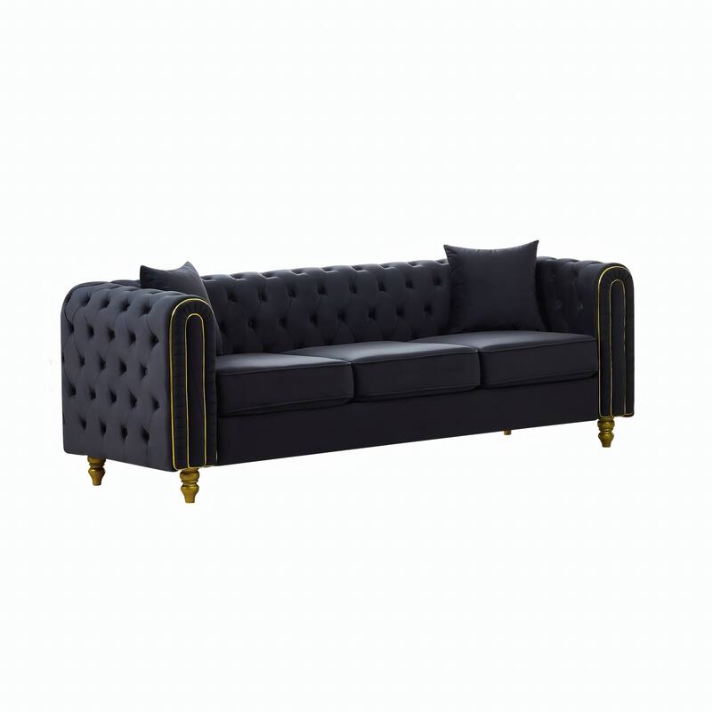 Roomfitters 86" Modern Upholstered Chesterfield Tuxedo Sofa with Gold Trim, Button Back 3-Seater Couch for Living Room