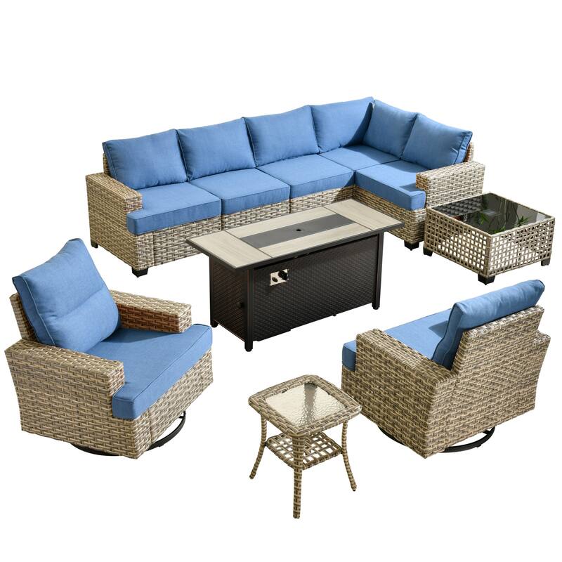 OVIOS 10 Pieces T shaped Seat Wide Armrest Swivel Chair Set With Solar-Powered Table&Fire Pit