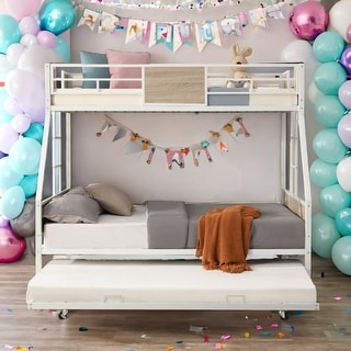 Twin Over FULL Metal Bunk Bed with Trundle 2-Side Ladder and Full-Length Guardrail, No Box Spring Needed