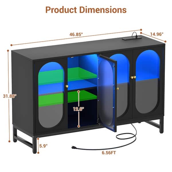 dimension image slide 1 of 2, Modern Farmhouse Black Sideboard Buffet with USB Port, Black Storage Bar Cabinet with LED Light