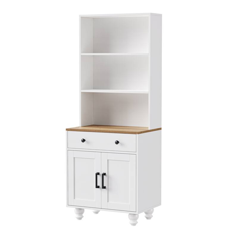 Storage Cabinet with 4 Solid Wood Gourd-Shaped Legs,Kitchen Pantry Cabinet with Adjustable Shelves,5 Tier Bookshelf with Drawer