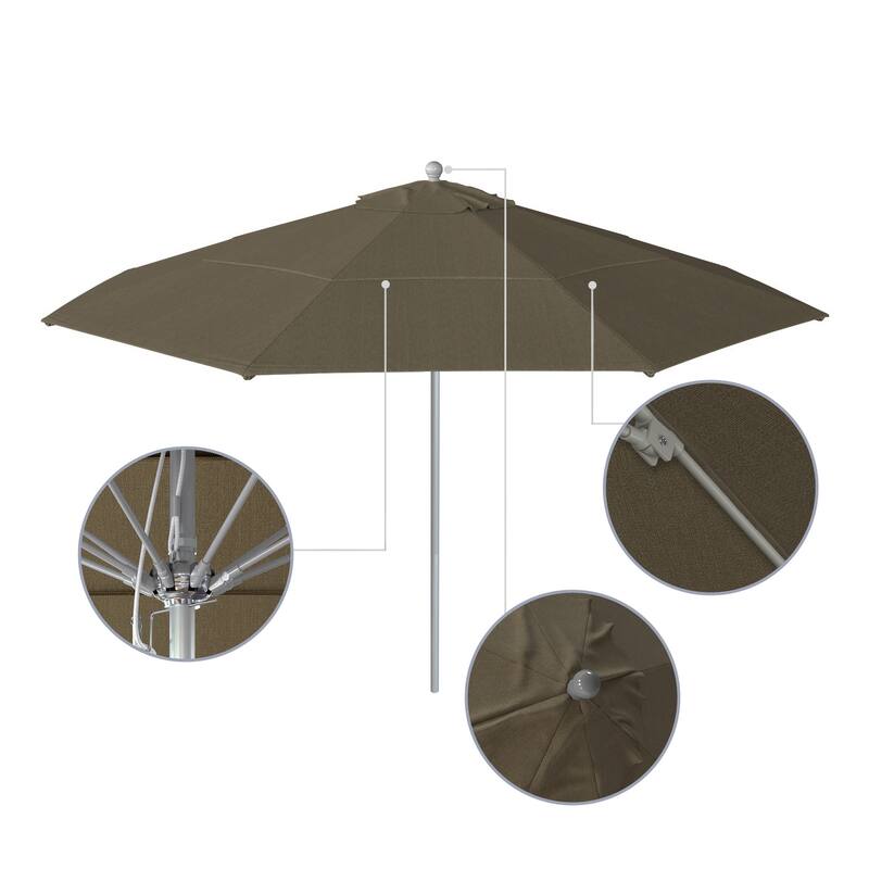 California Umbrella 11' Rd Aluminum Frame, Fiberglass Rib Market Umbrella, Push Open, Anodized Silver Finish, Olefin Fabric