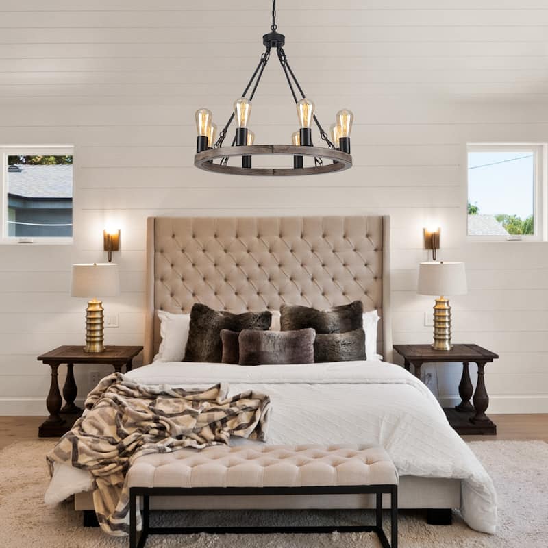 8-Light Circle Wagon Wheel Farmhouse Foyer Chandelier Linear Island Chandelier Lighting for Dining Room