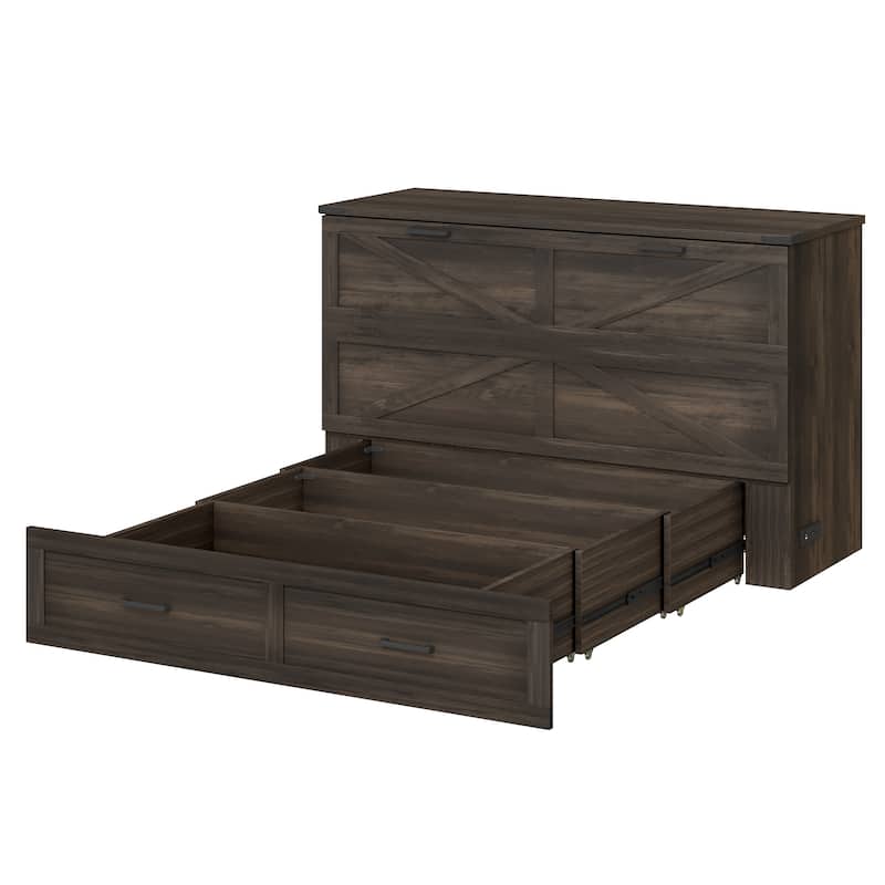 Wooden Foldable Murphy Cabinet Bed Platform Bed Bottom Large Storage Drawer Side with Outlets and USB Ports