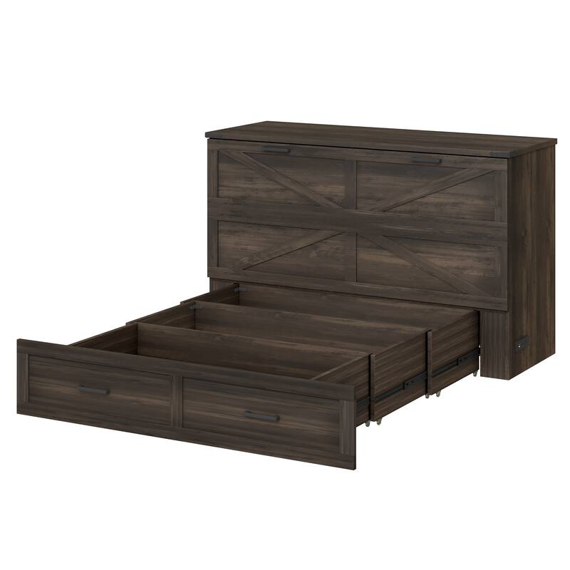 Queen Size Wood Murphy with Charging Station, Foldable Platform Bed with Large Storage Drawer