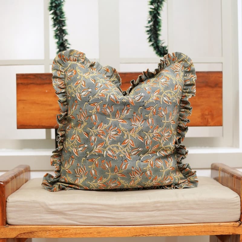 Fabdivine Handmade Block Print Floral Frill Both Side Soft Boho Pure Linen Pillow Cover