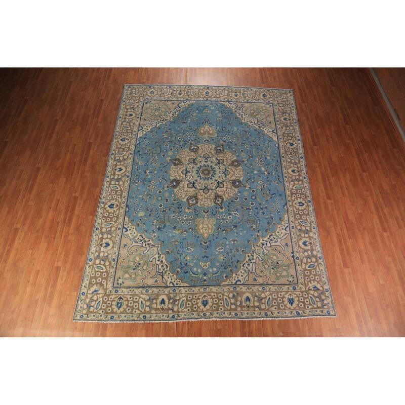 Blue Floral Tabriz Persian Area Rug Oriental Hand-Knotted Wool Carpet - 9'8"x 13'0"