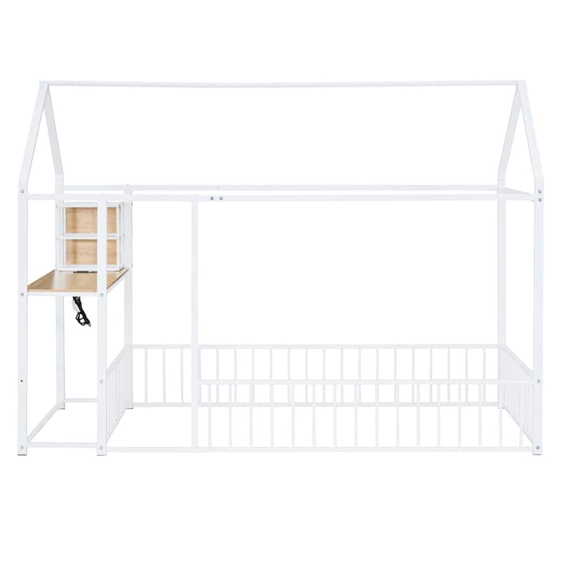 Twin Size Metal Bed House Bed Frame with Desk, Shelves, Power Outlets and USB Ports, White