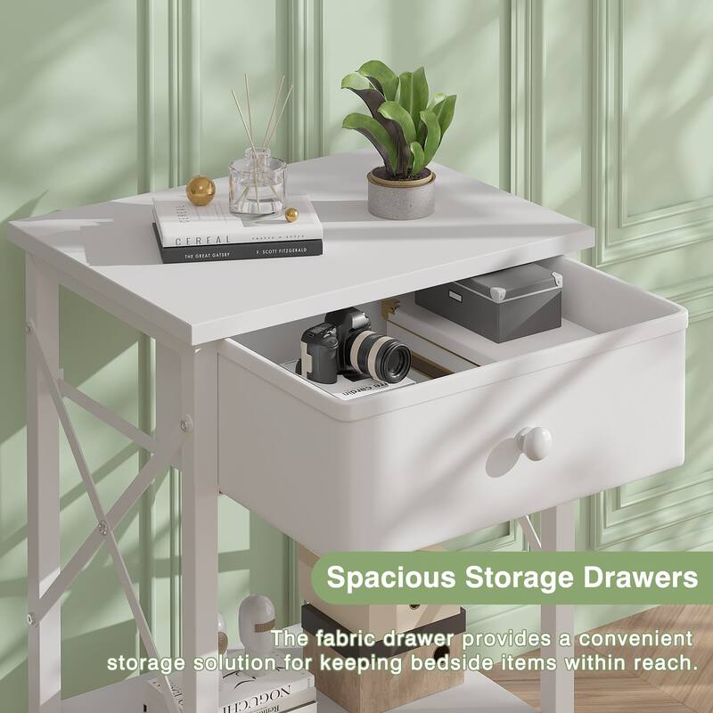 VECELO X Frame Nightstand with Removable Fabric Drawer Easy to Clean Nightstand Multifunctional End Table with Open Shelf
