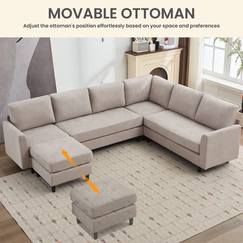 Modern U-Shaped Chenille Modular Sectional Sofa with Ottoman, Overized Corner Couch for Living Room - 107" W