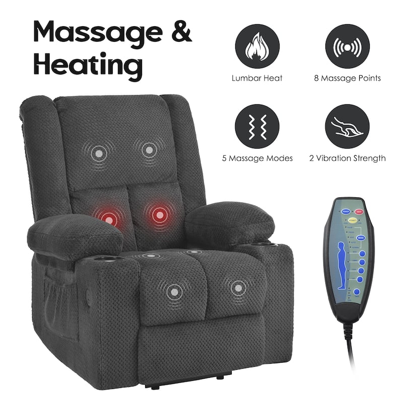 Power Lift Recliner Chair, Lounge Chaise Chair with Heat Functions, Massage Chair with USB Ports & Cup Holders