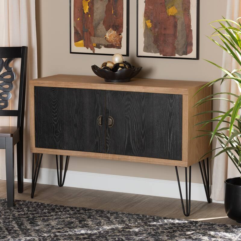 Modern Two-Tone Walnut and Black Wood Storage Cabinet - Stylish Organizer with Metal Legs and Door Handles