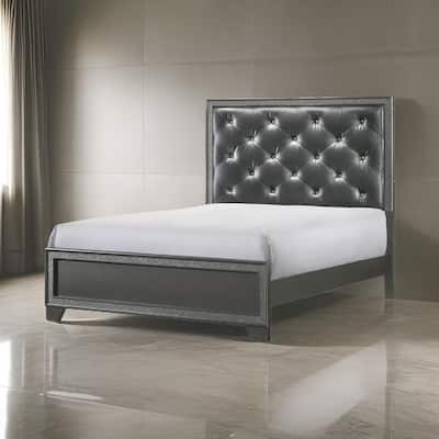 Kay King Bed, Faux Diamond Tufted, Gray Upholstery, Silver Trim, Wood