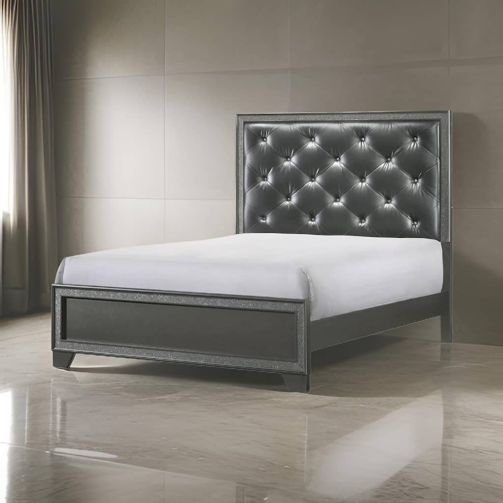 Kay King Bed, Faux Diamond Tufted, Gray Upholstery, Silver Trim, Wood