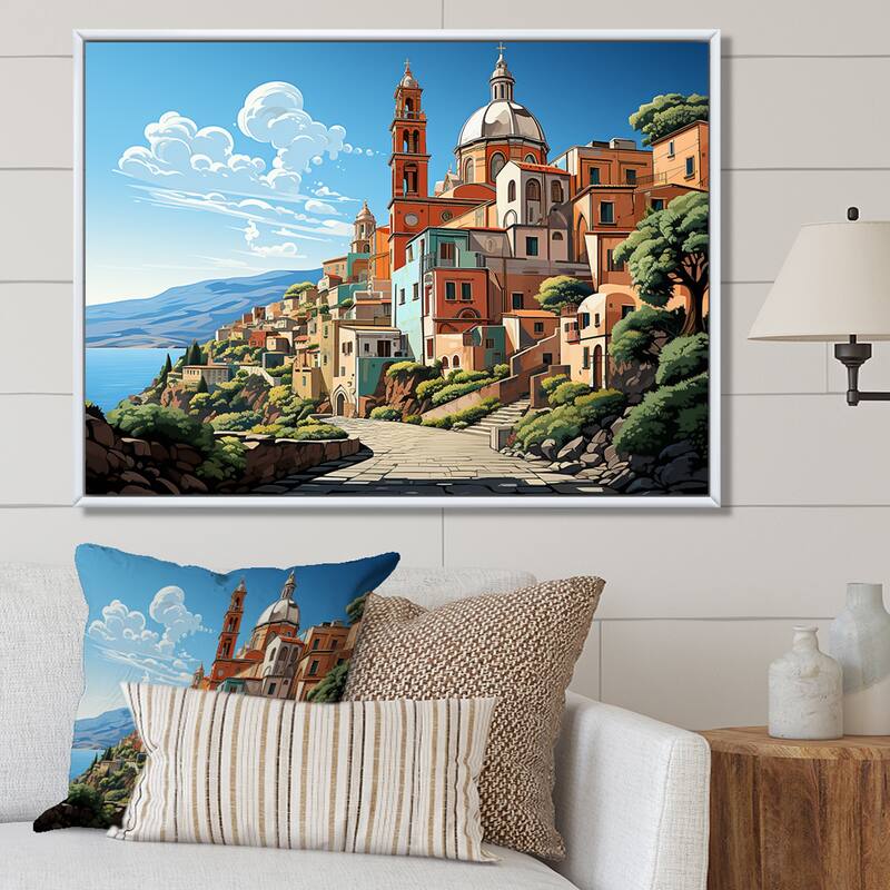 Designart "Italian Village By The Coast II" Landscape Italy Green Wall Decor - Global Entryway Framed Wall Art - 44 in. wide x 34 in. high - Maple
