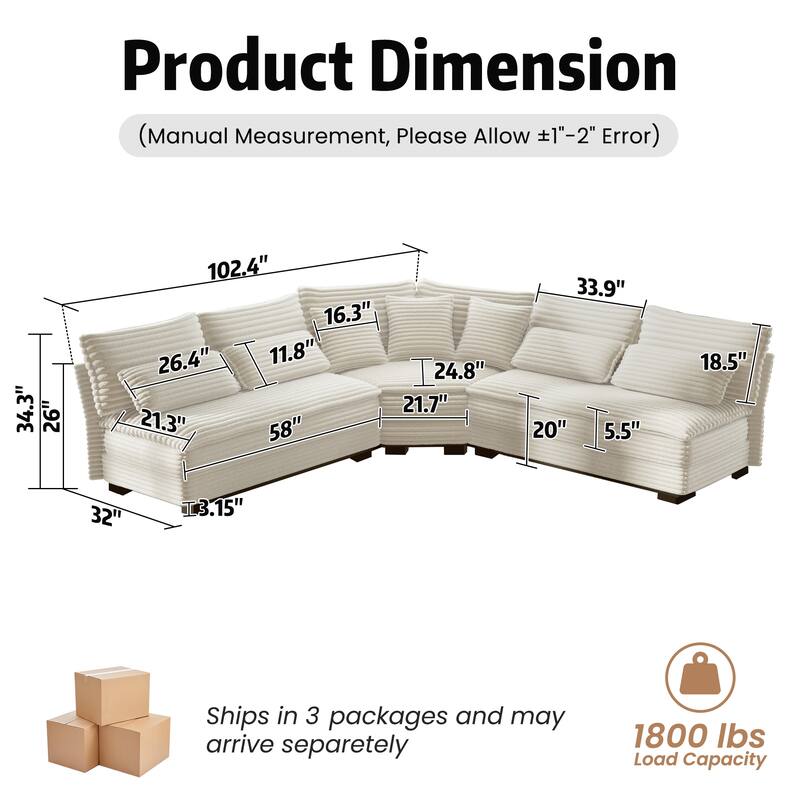 5-Seater L-Shaped Sectional Sofa with Curved Corner - Plush Corduroy Fabric, 7 Pillows (3 Throw + 4 Lumbar)