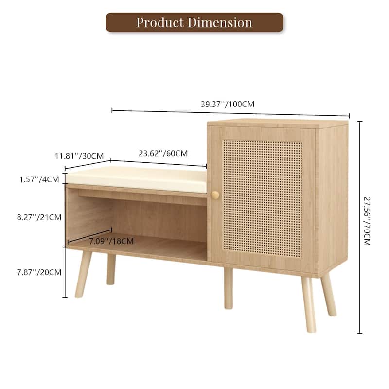 2-in-1 Shoe Storage Bench with Faux Rattan Doors, Adjustable Shelves & Removable Cushion for Entryway or Hallway