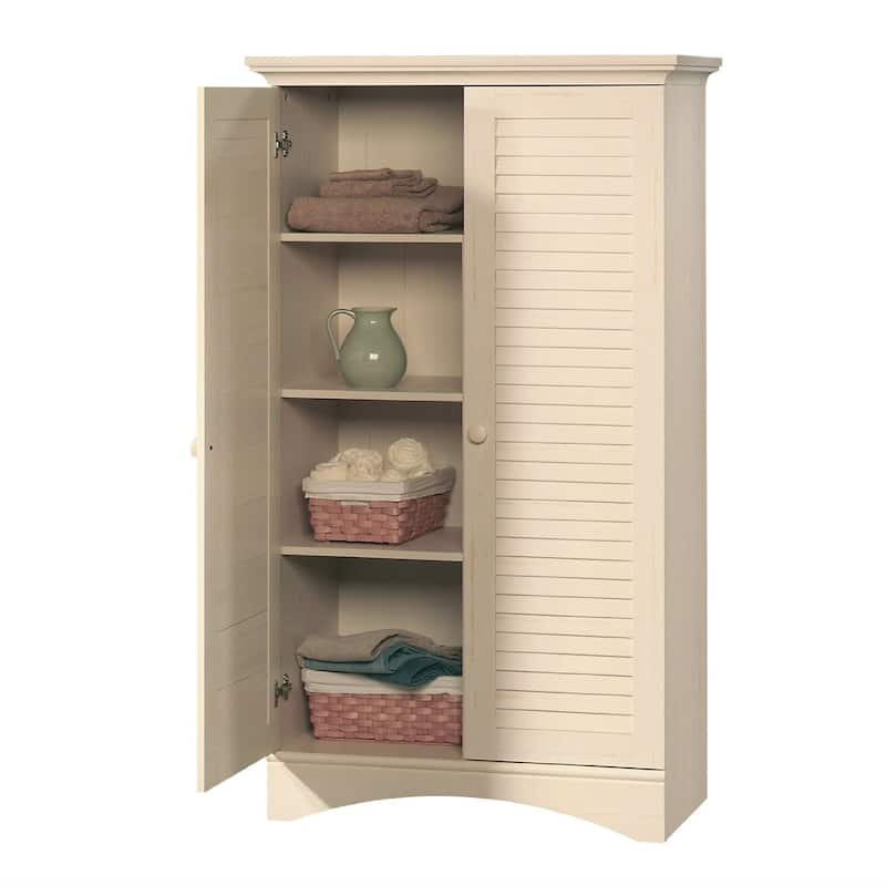 Louver 2-Door Storage Cabinet Bed Bath Armoire Wardrobe in Antique White - 61" H x 35.5" W x 16.75" D