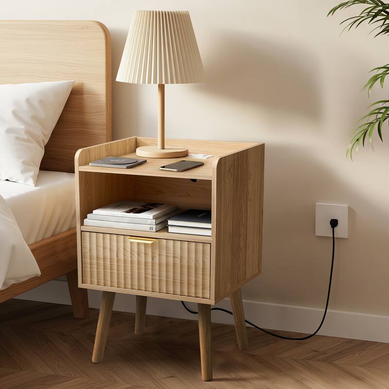EROMMY Modern Nightstand with Charging Station Fluted Bedside Table USB Ports Storage Drawer - Out of stock - 1-drawer