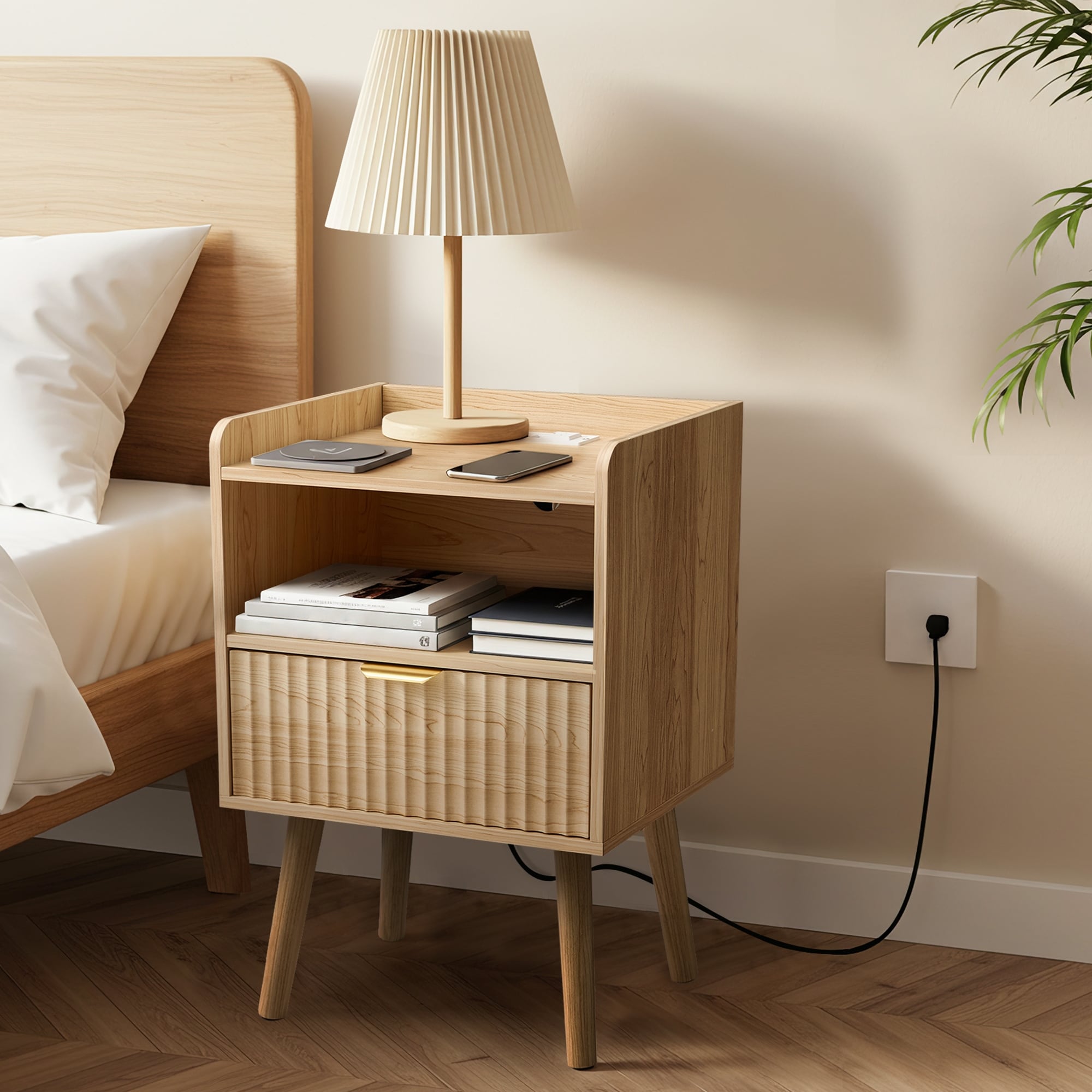 EROMMY Set of 2 Modern Nightstands with USB Charging Station and Storage Drawer for Bedroom Small Spaces