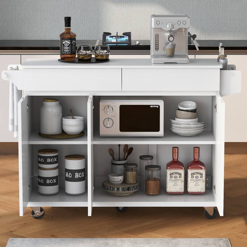 Rolling Kitchen Island Cart on Wheels with Adjustable Shelves, 2 Drawers, and Spice Rack