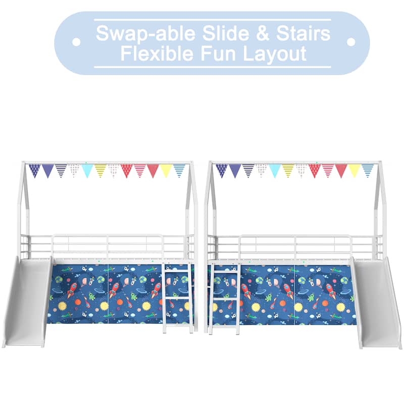 Kids' Twin Loft Bed with Slide, Curtain Set, Pennant Banner, and Star Stickers