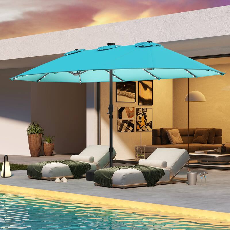 15FT Double Sided Patio Umbrella with LED Lights and Hand Crank Canopy - Turquoise